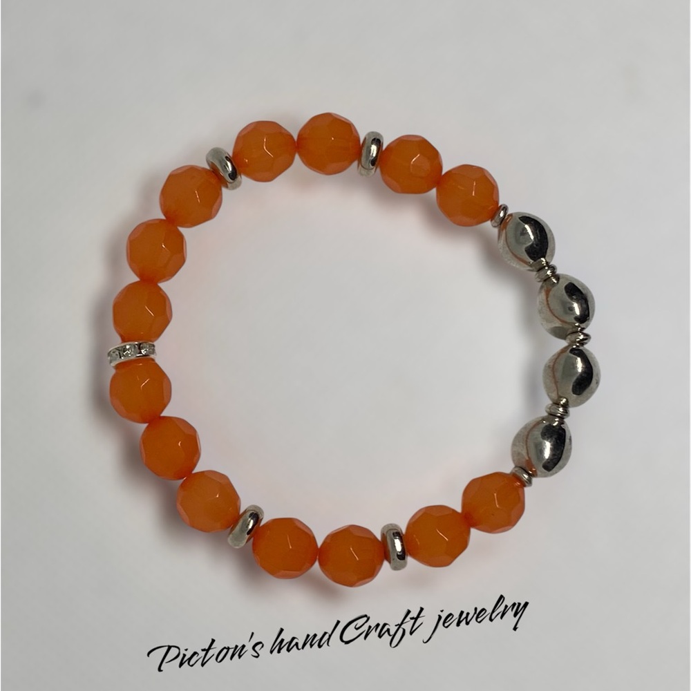 Orange and Silver Beaded Bracelet with Metallic Accents